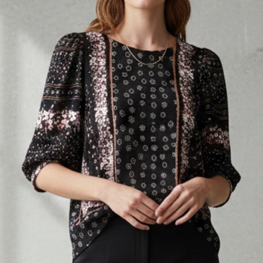 Mixed Print Floral Geo Dolan Left Coast Black Viscose Blouse Size M Medium